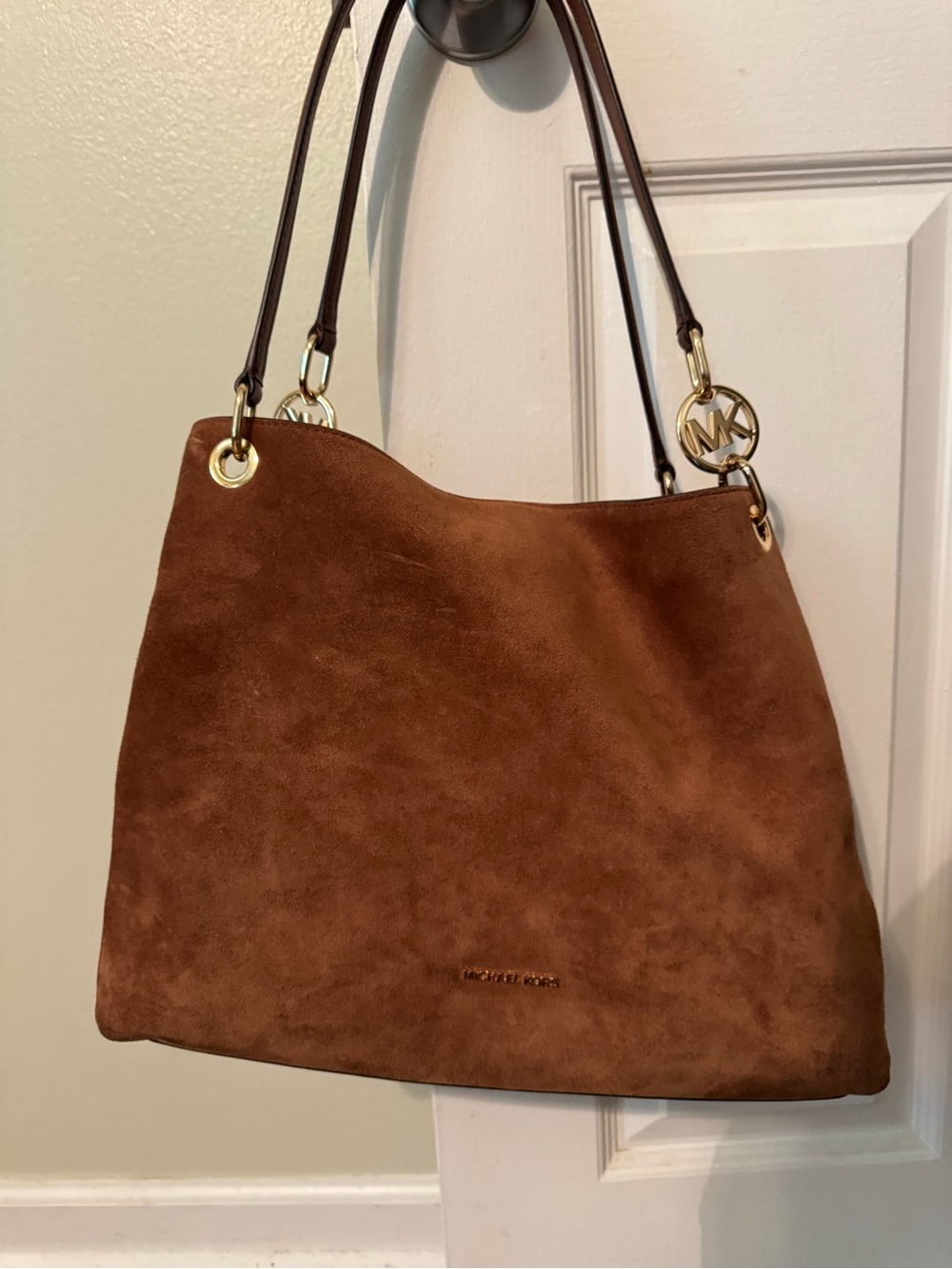 Michael Kors Christina Large Suede Shoulder Bag in Luggage Color (warm brown)
